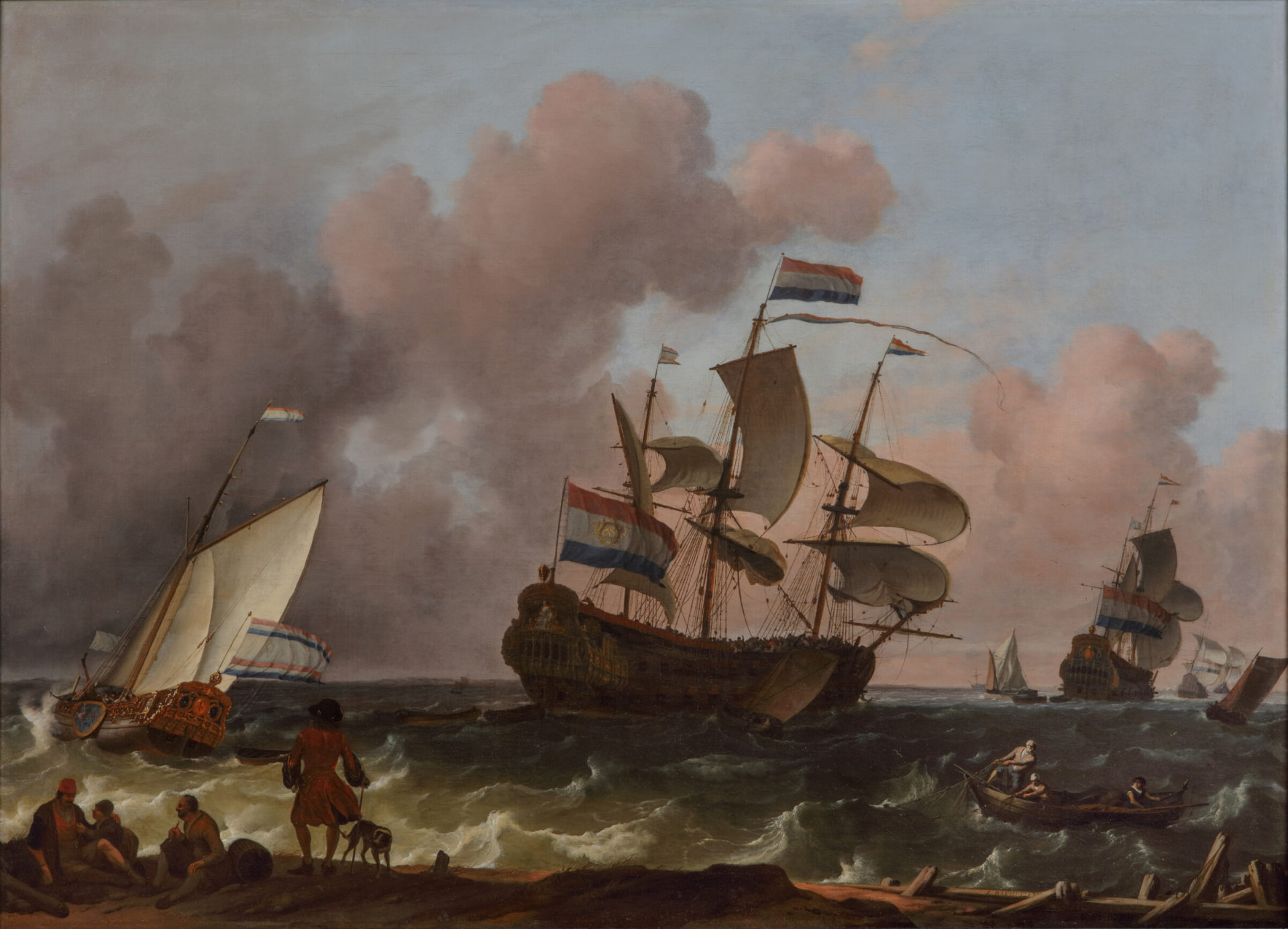 Oil painting of sailing ships on a choppy sea near a rocky coastline