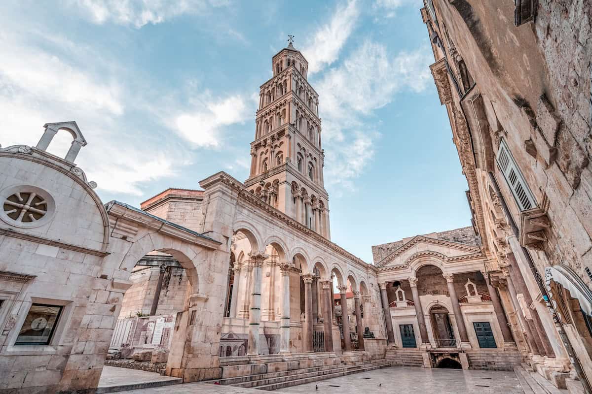 Bell tower and stone architecture of Diocletian's Palace in Split, Croatia