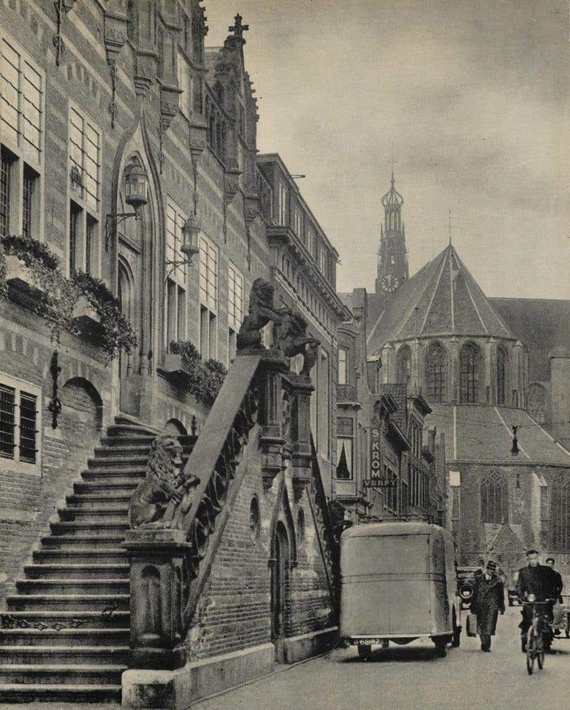 Historic Dutch street in Alkmaar leading toward the Grote Kerk, circa 1935