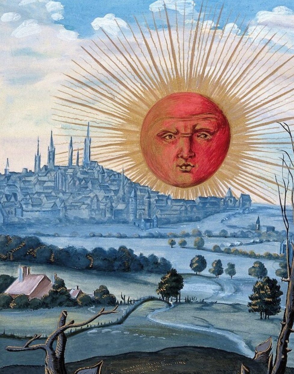Medieval painting of a large red sun with a face rising over a walled city
