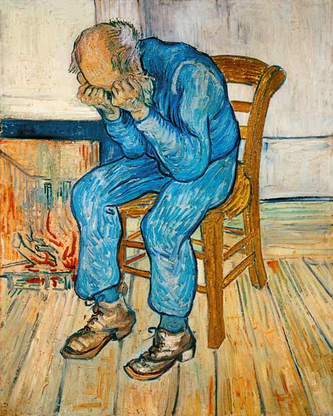 Van Gogh painting of an old man seated with his head in his hands